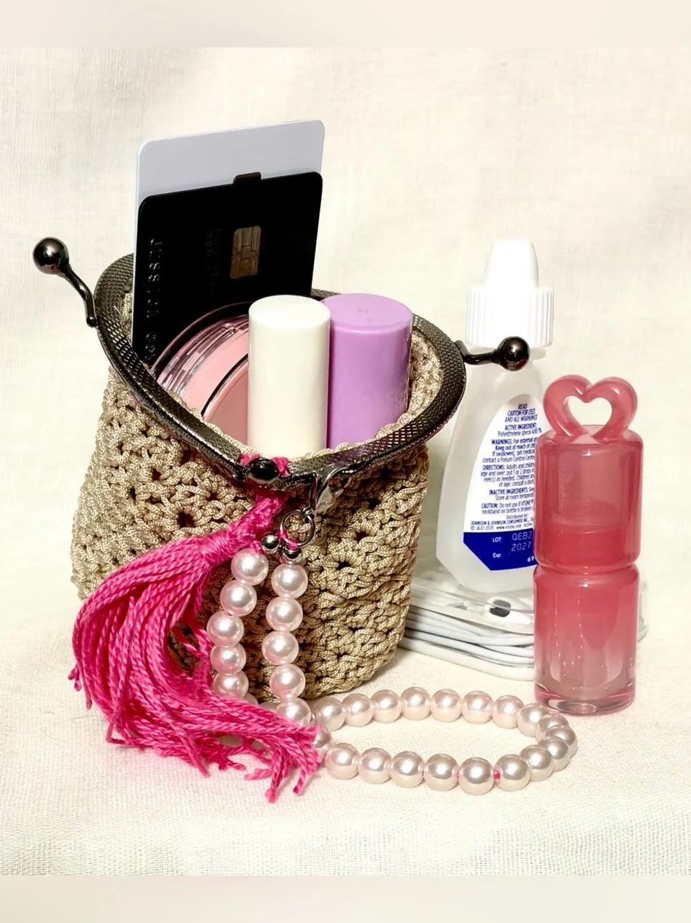 Champagne Crème Silk Crochet MD Sz Coin Purse w Pink Tassel & Pearl Wrist Strap